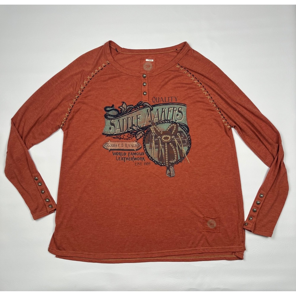 Double D Ranch Henley Saddle Makers Top Women's XL Orange Western Long Sleeve